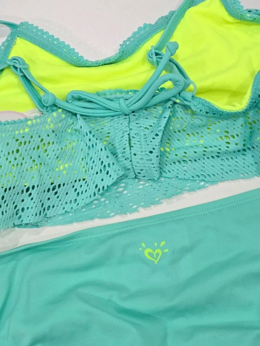 Justice ✦ Girls Two-Piece Swimsuit ✦ Crochet Ruffle Teal Neon Yellow UPF 50+ 10